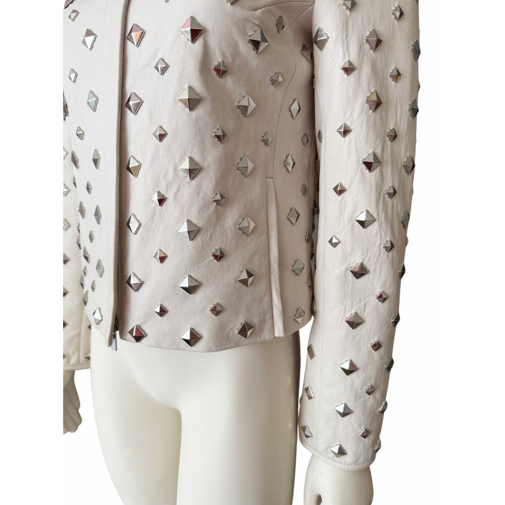 Diane Von Furstenberg Kate Leather Studded Cream Silver Jacket Sz 2 - Picture 5 of 16